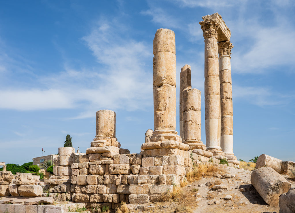 Ruins of the Temple of Hercules on the top of the mountain of the Amman citadel with a view of the ancient Middle Eastern city