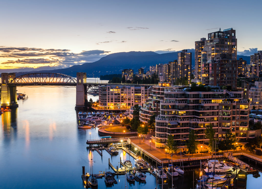 Downtown Vancouver and English Bay at Dusk. British Columbia, Canada