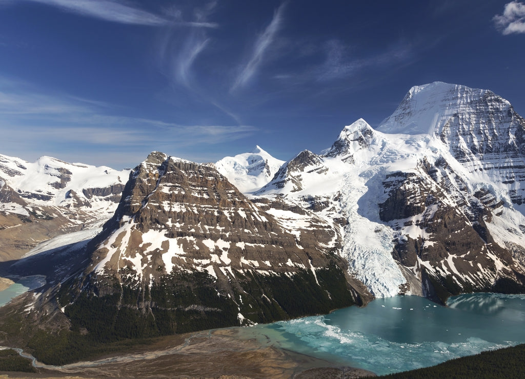 Panoramic Wide Landscape View of Distant Mount Robson and Snowy Rocky Mountain Peaks above Berg Lake in Jasper National Park British Columbia Canada