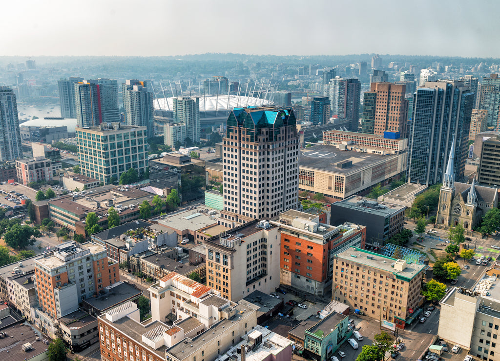 Vancouver Downtown skyline from city rooftop, British Columbia, Canada