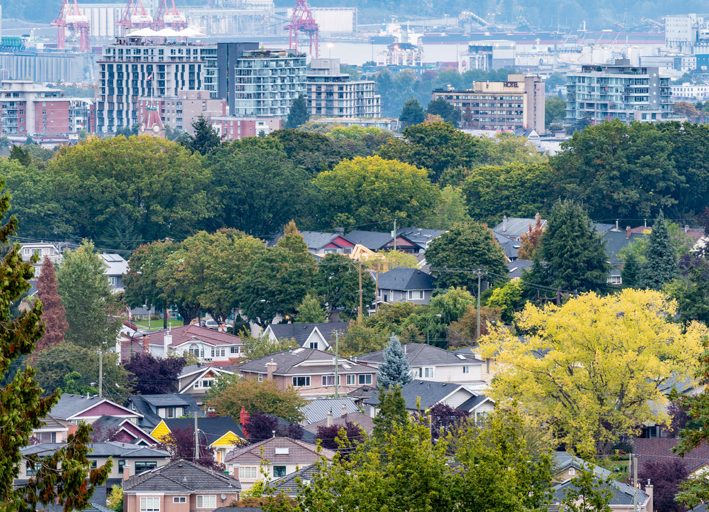 Aerial view of residential and commercial sections in Vancouver, Canada in the autumn/fall season