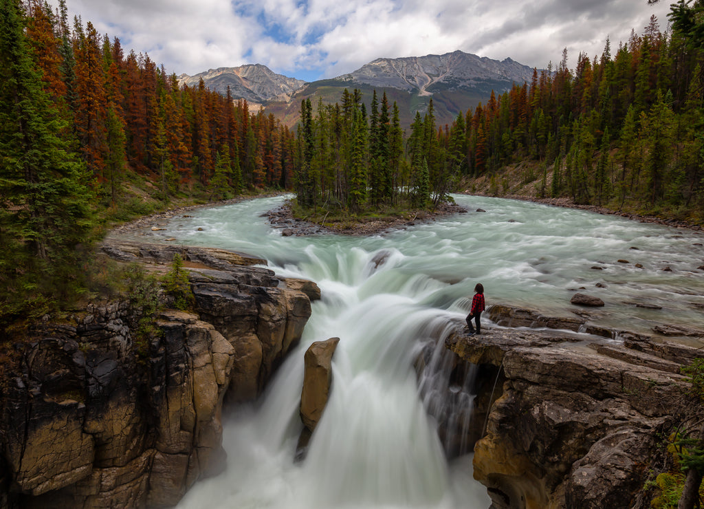 Woman is standing on the edge of a cliff by a beautiful Waterfall in the Canadian Rockies during summer day. Taken in Sunwapta Falls, Jasper, Alberta, Canada