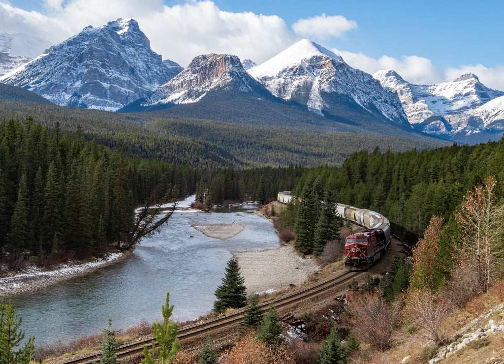 Train in a valley in Banff Canada
