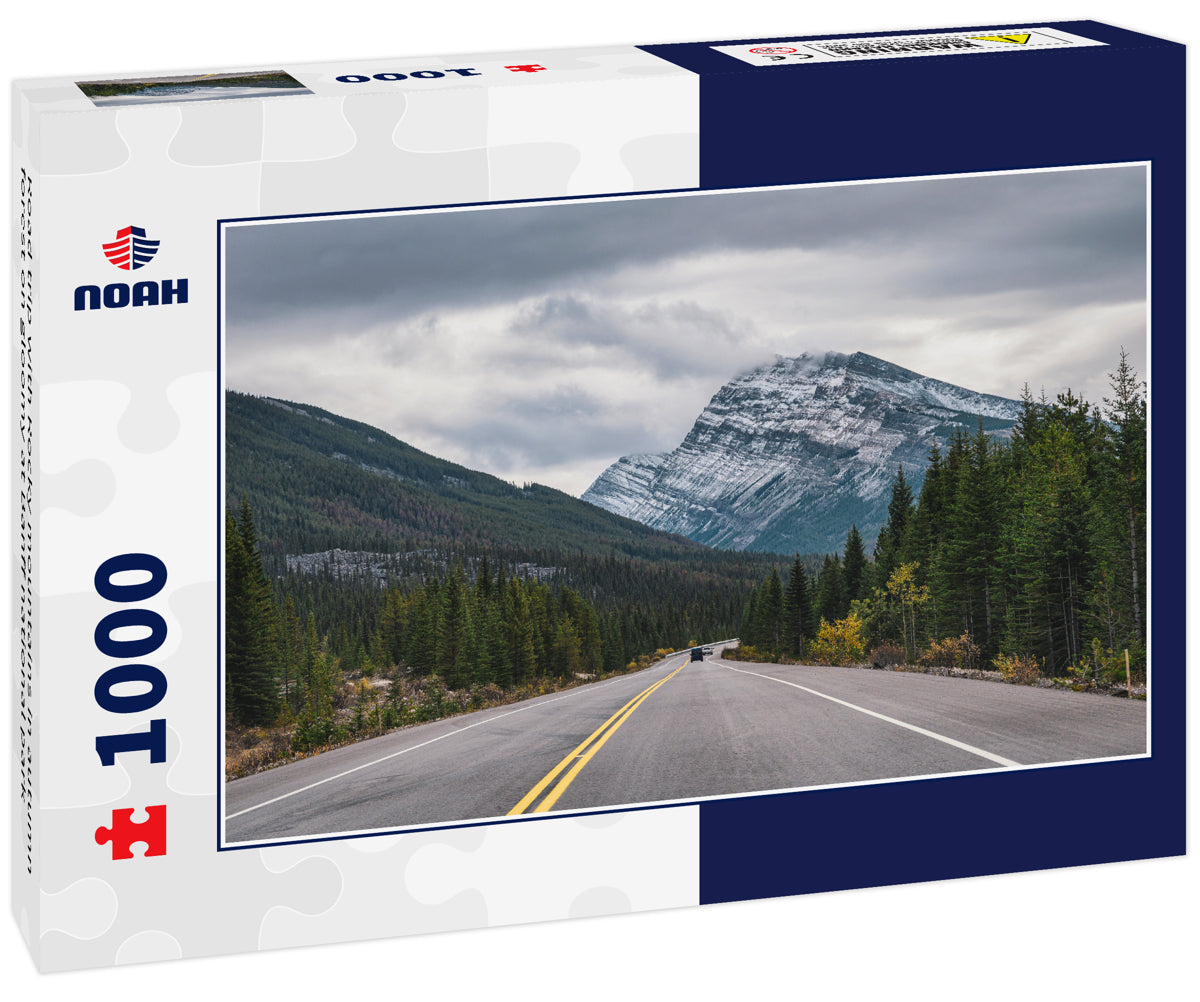 Road trip with Rocky mountains in autumn forest on gloomy at Banff national park