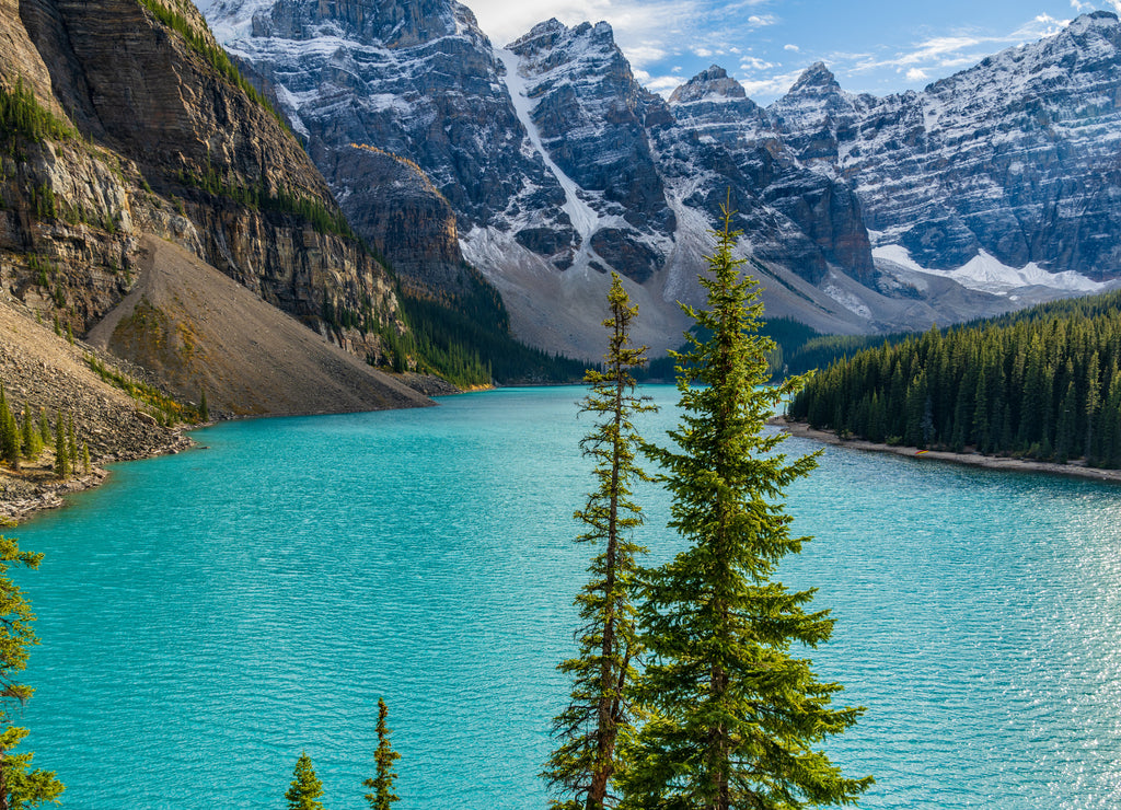 Moraine lake beautiful landscape in summer sunny day morning. Sparkle turquoise blue water, snow-covered Valley of the Ten Peaks. Banff National Park, Canadian Rockies, Alberta, Canada
