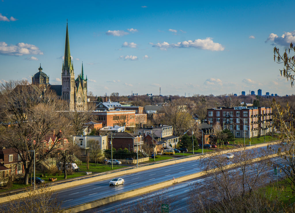 View on the historic center of Longueuil (Quebec, Canada) and the cathedral from the observation tower in Marie Victorin park
