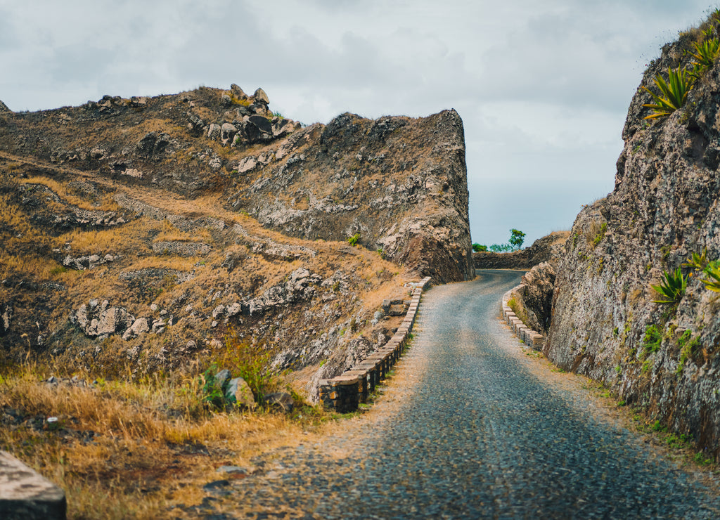 Santo Antao island, Cape Verde. Local road on Delgadinho mountain ridge leading to Ribeira Grande