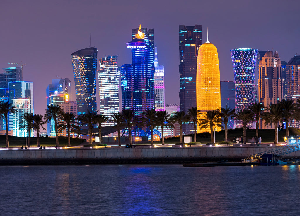 Doha Qatar epic skyline and palm trees