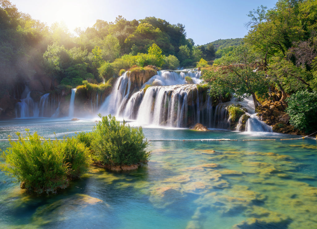Panoramic landscape of Krka Waterfalls on the Krka river in Krka national park in Croatia