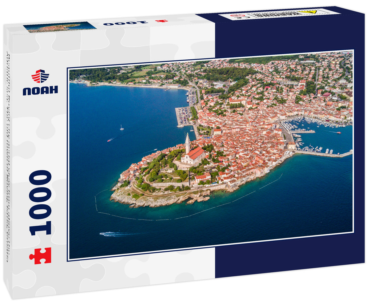 Beautiful Rovinj city aerial view from above the Adriatic sea. The old town of Rovinj, Istria, Croatia