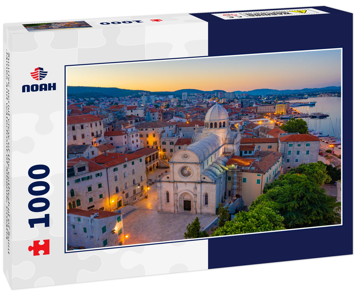 Sunrise aerial view of the cathedral of Saint James and waterfront of Sibenik, Croatia