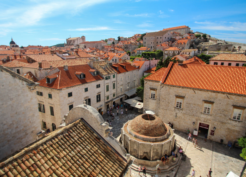 Famous Onofrio fountain in downtown Dubrovnik, view from the city wall