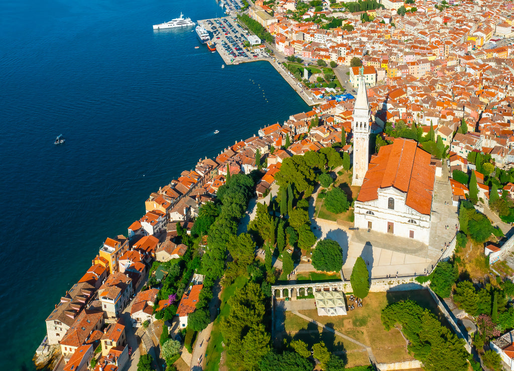 St. Euphemia church with classical tower in Rovinj town near Adriatic sea. Red roofs of local houses surrounded by green trees on peninsula