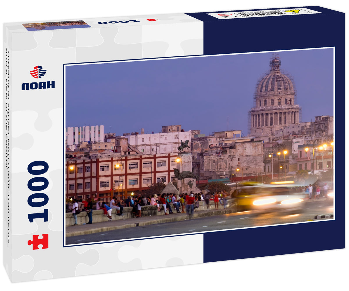 Havana at sunset with traffic trail lights and a view of the Capitol