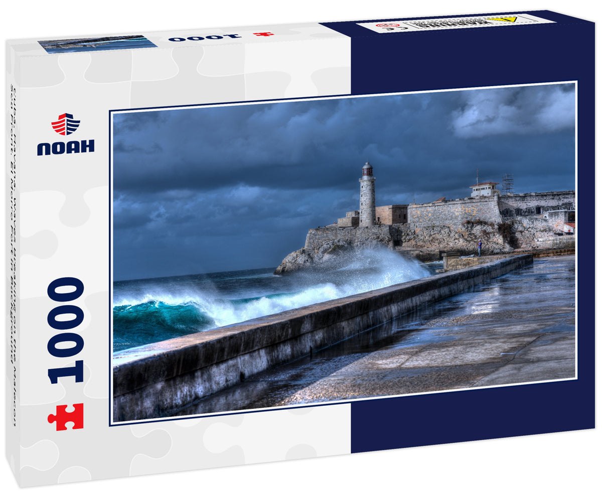 Cuba, Havana. Waves Breaking on the Malecon Sea Front. El Morro Fort in Background