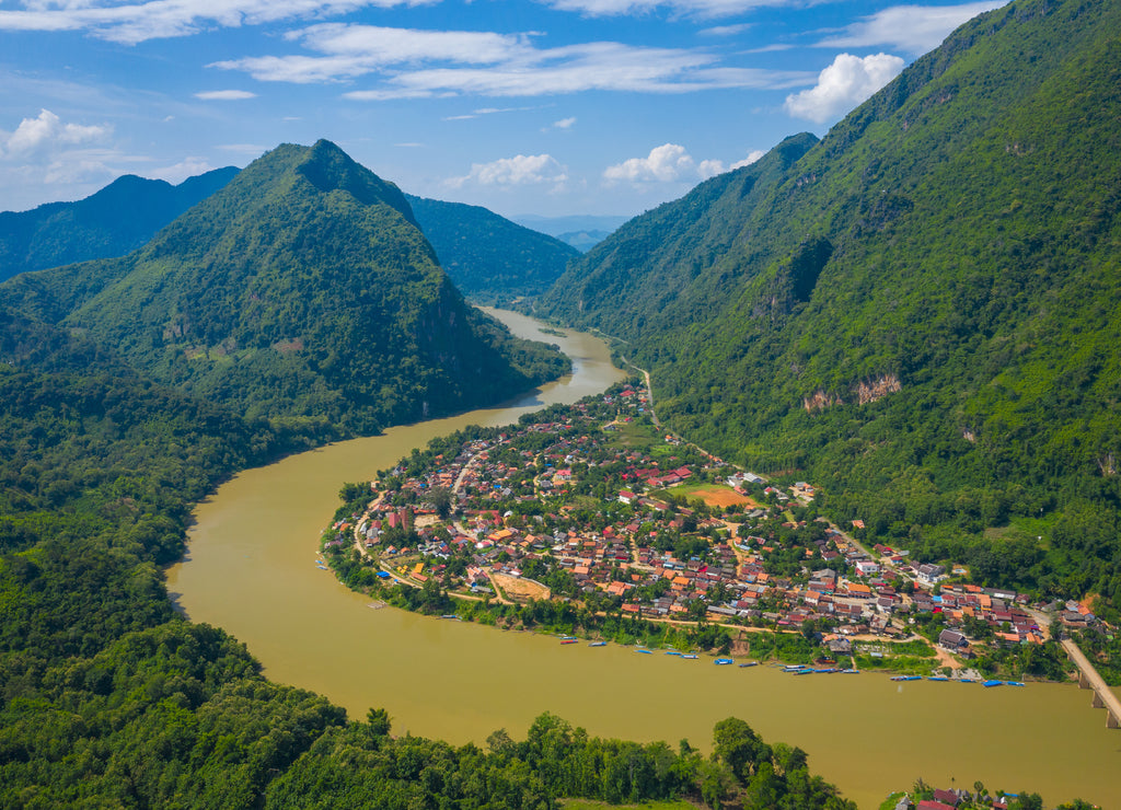 Aerial view of village of Nong Khiaw. North Laos. Southeast Asia