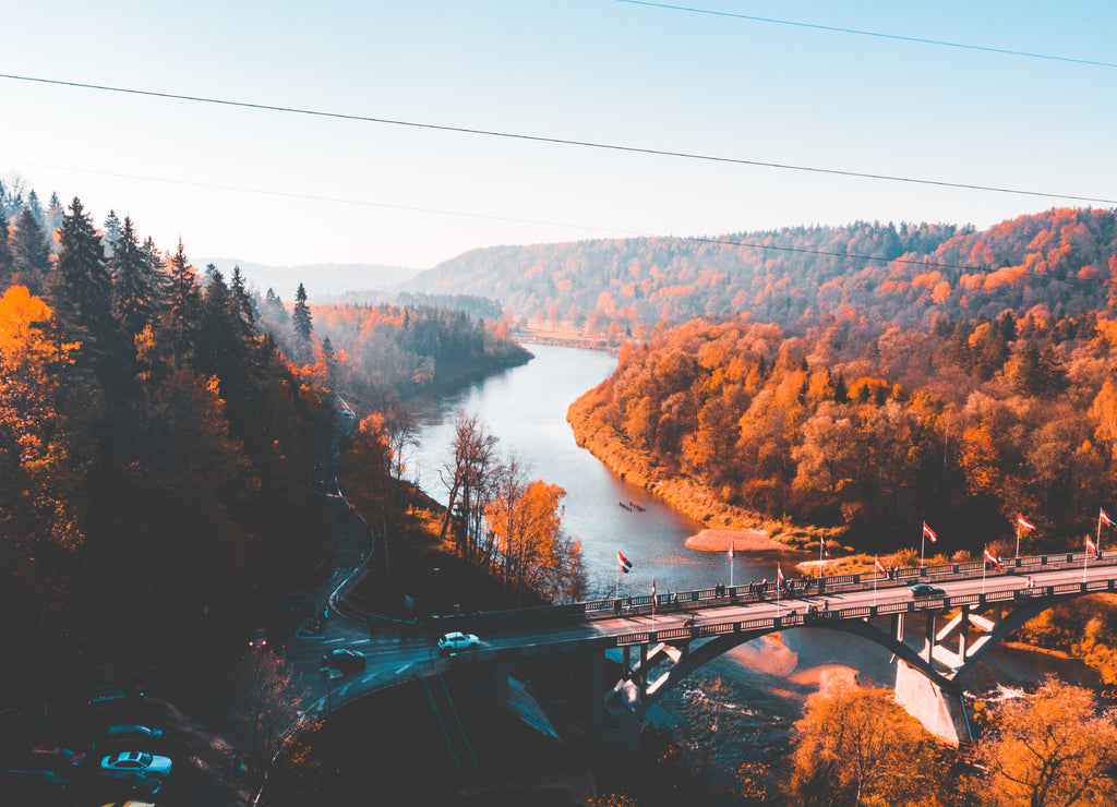 Aerial view of the Sigulda bridge and cable car over Gauja river during golden autumn season in Latvia