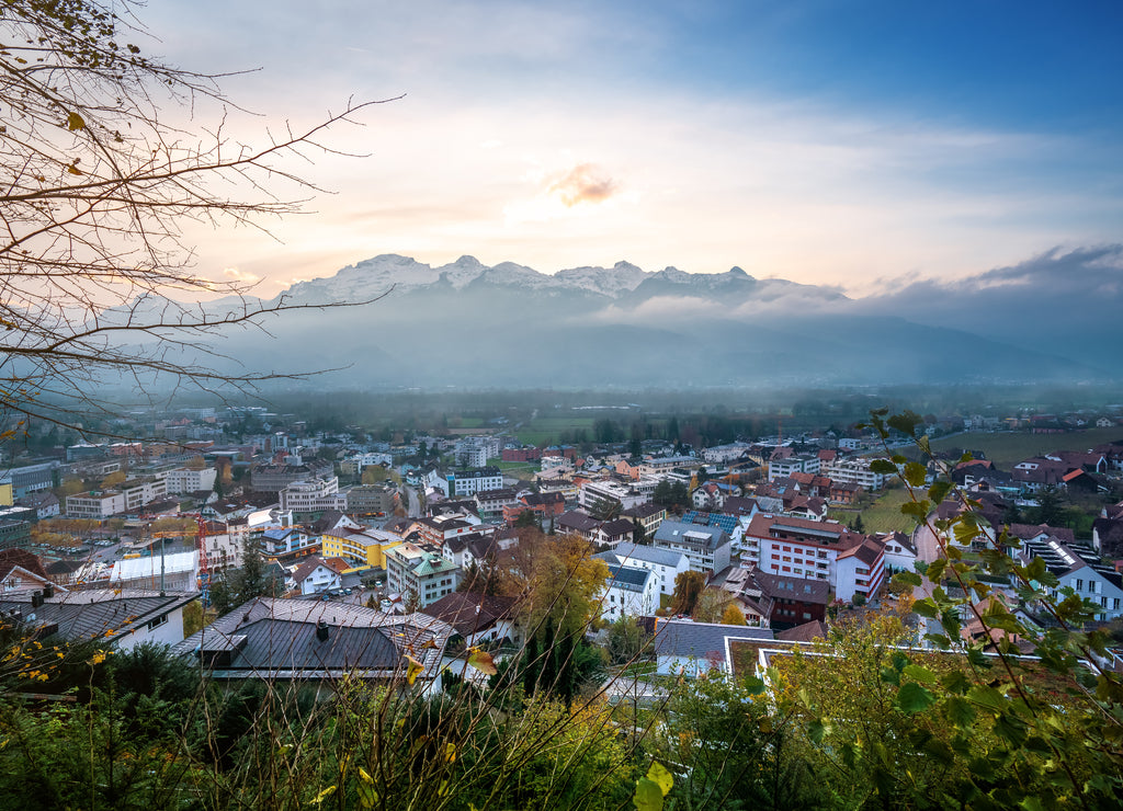 Aerial view of Vaduz at sunset with Appenzell Alps on background - Vaduz, Liechtenstein