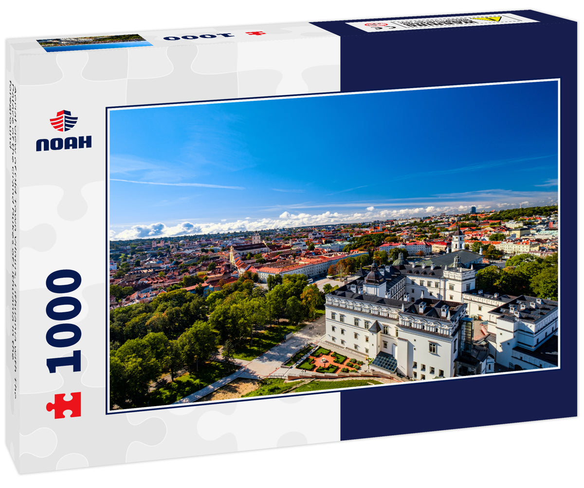 Aerial view of Old Town Vilnius, Lithuania with The Palace of the Grand Dukes of Lithuania in the foreground