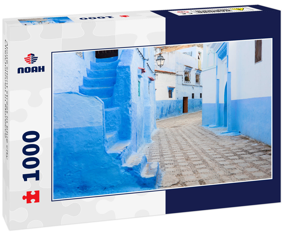 Alone silent street in blue city Chefchaouen in Morocco