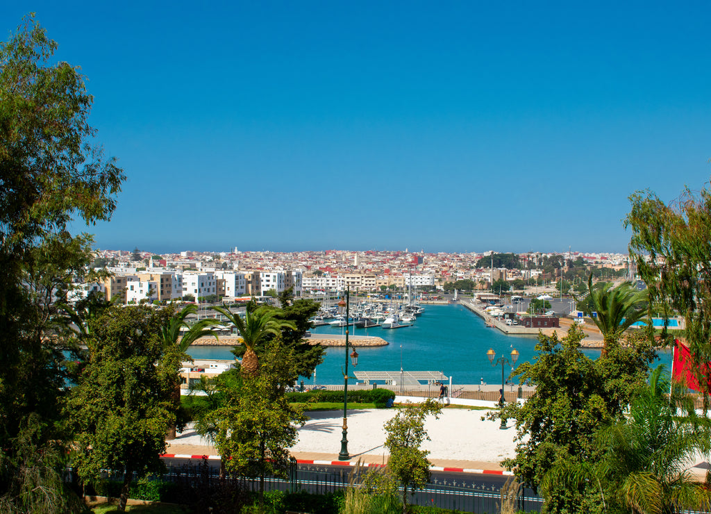 Aerial view on City and river against blue sky in Rabat Morocco