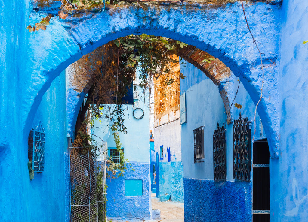 View of the street of the blue town Chefchaouen, Morocco