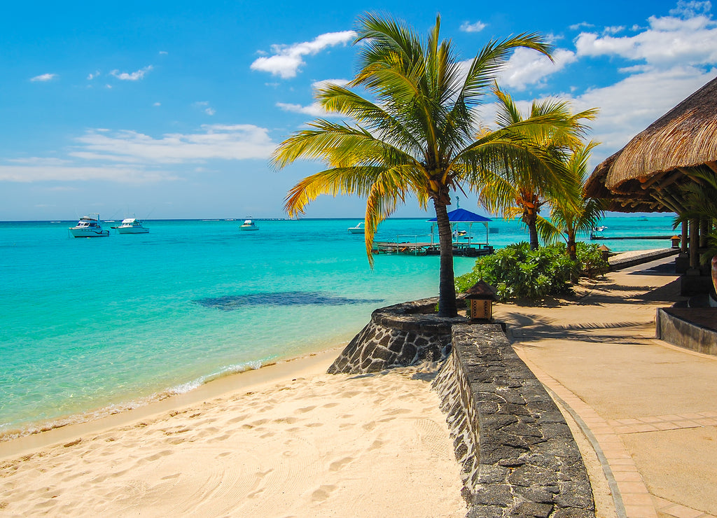 Walkway along exotic beach, Mauritius Island