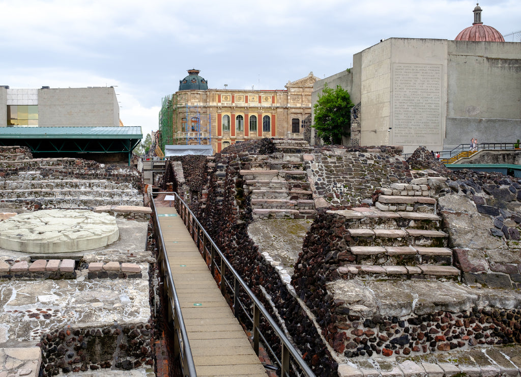 Pre-hispanic ruins of the aztec city of Tenochtitlan in Mexico City