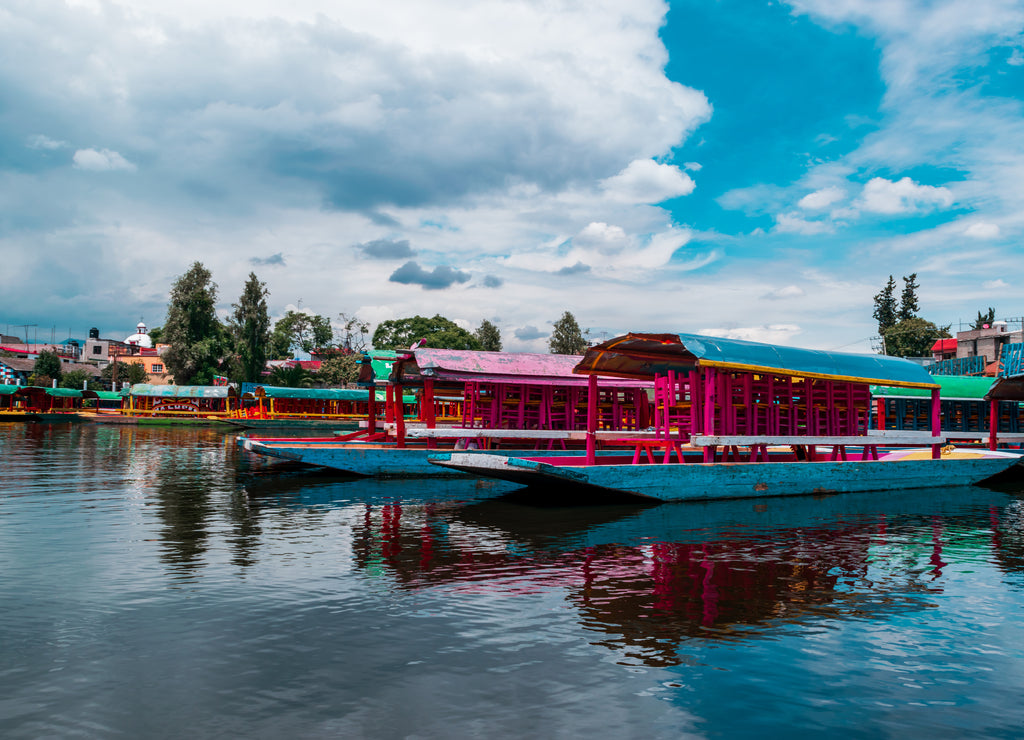 Mexican colorful trajineras on Xochimilco's lake