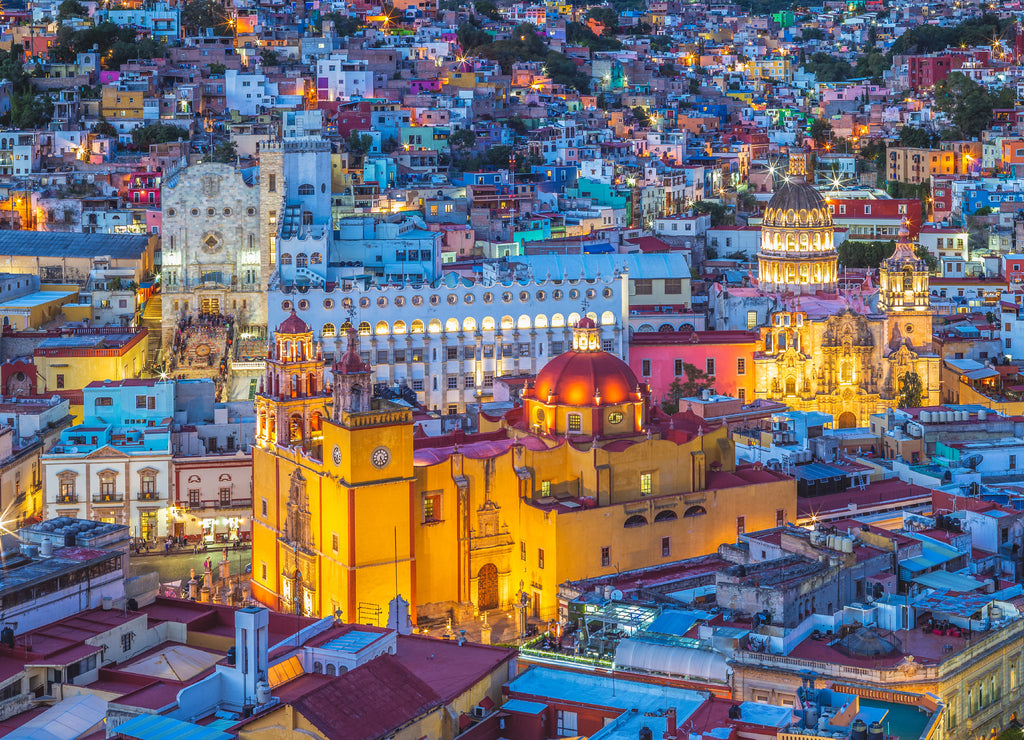 Aerial view of Guanajuato with cathedral in Mexico