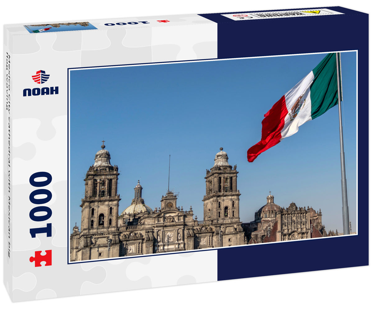 Mexico City cathedral with Mexican big flag waving