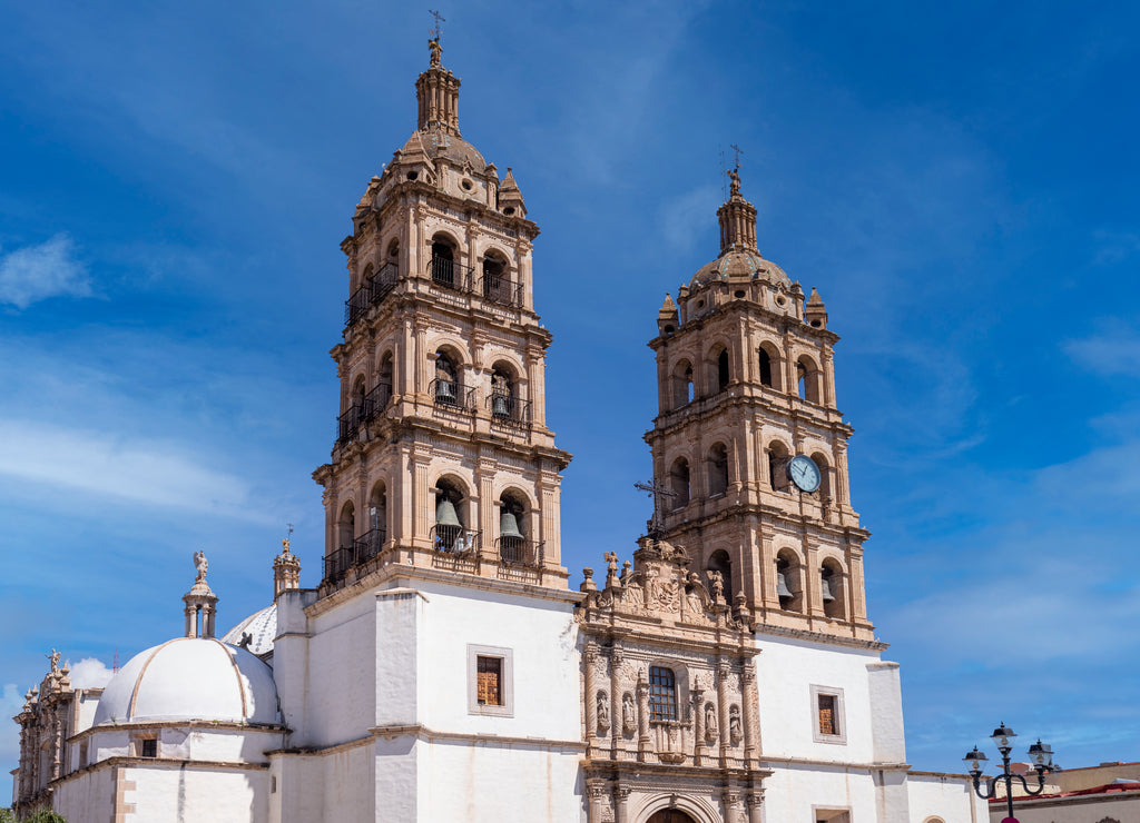 Mexico, Catholic church of Cathedral Basilica of Durango in colonial historic city center located opposite Durango central square Plaza de Armas