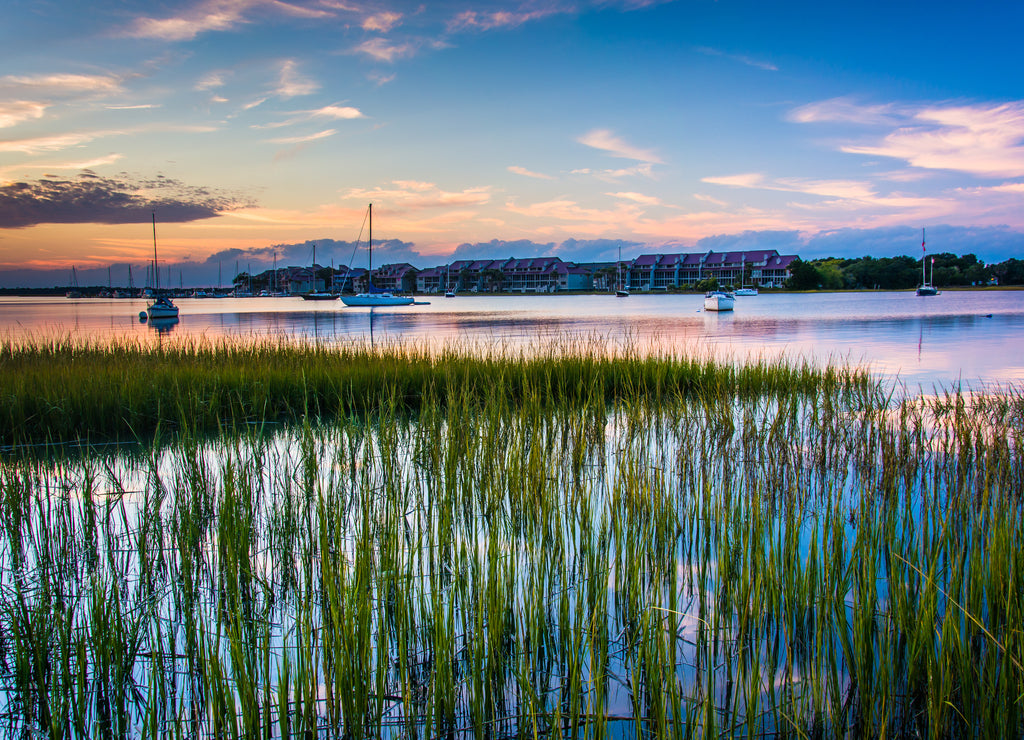 Sunset over the Folly River, in Folly Beach, South Carolina