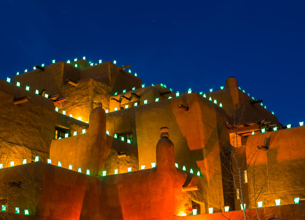 Traditional Farolitos on Adobe Walls at Christmas, Santa Fe, New Mexico,USA