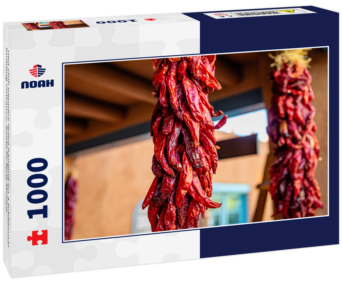 Red chili peppers dried hanging on a traditional building entrance, Santa Fe New Mexico