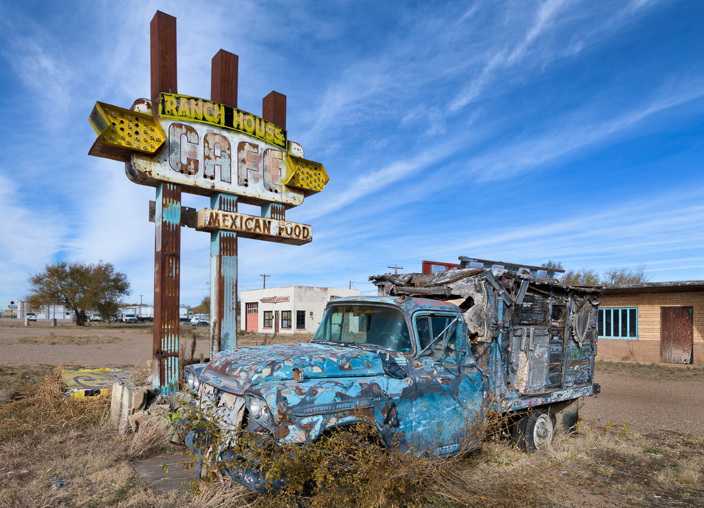 Ranch House Cafe sign and old pick up truck on Route 66, New Mexico