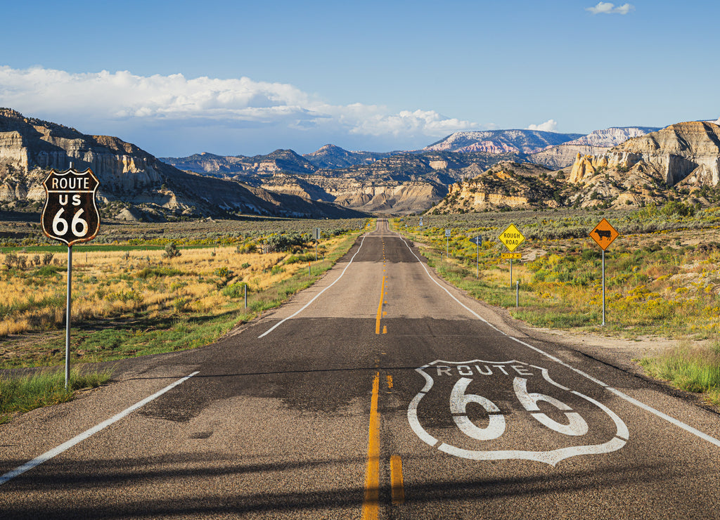 Scenic view of famous Route 66 in classic american mountain scenery at sunset