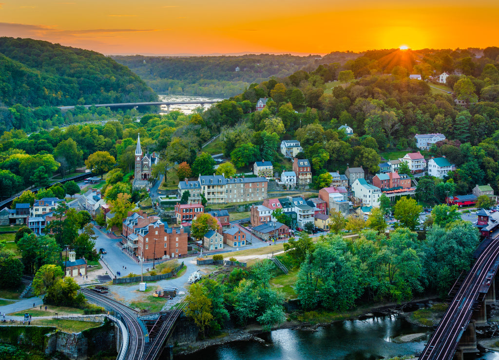 Sunset view of Harpers Ferry, West Virginia from Maryland Heights
