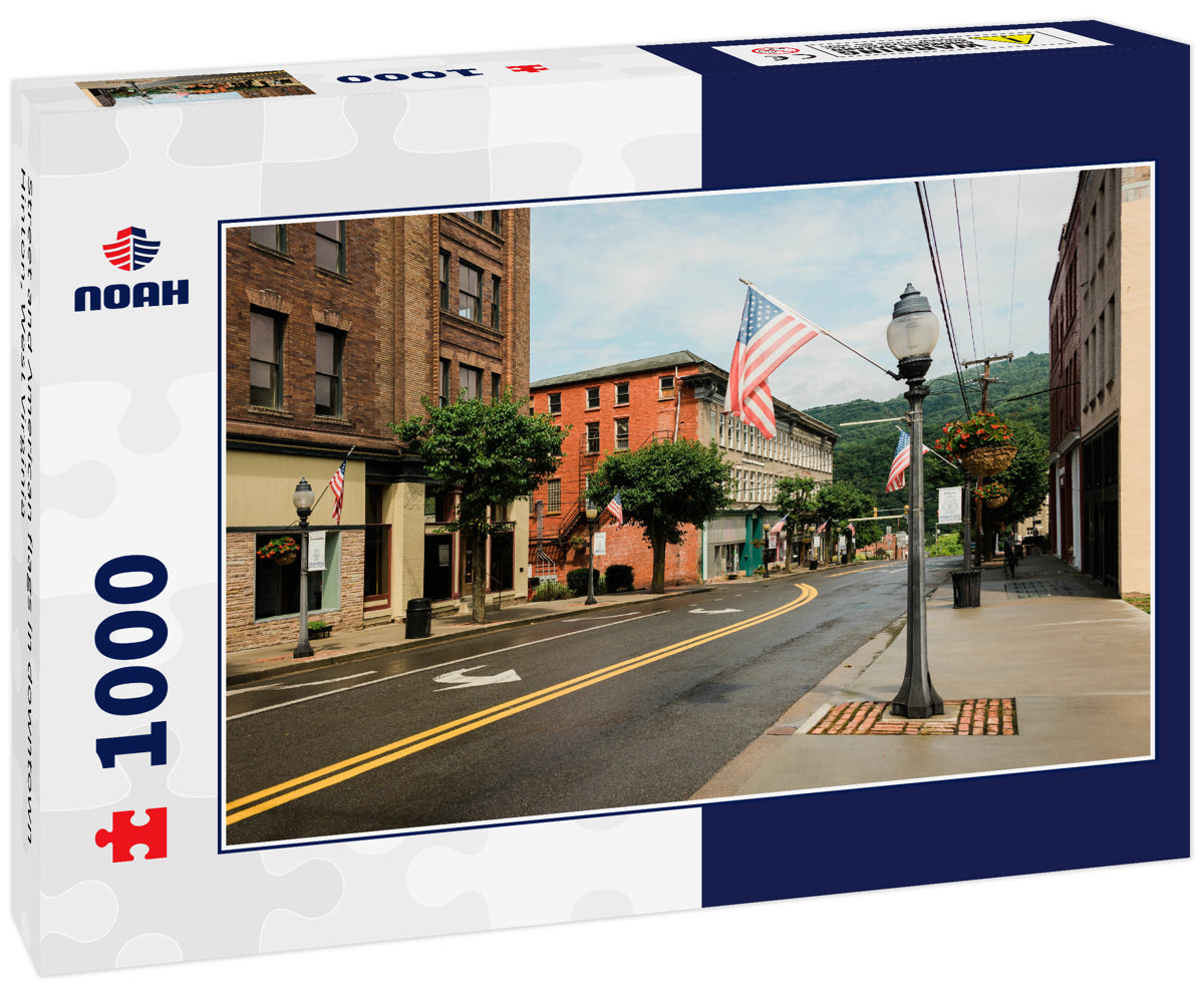 Street and American flags in downtown Hinton, West Virginia