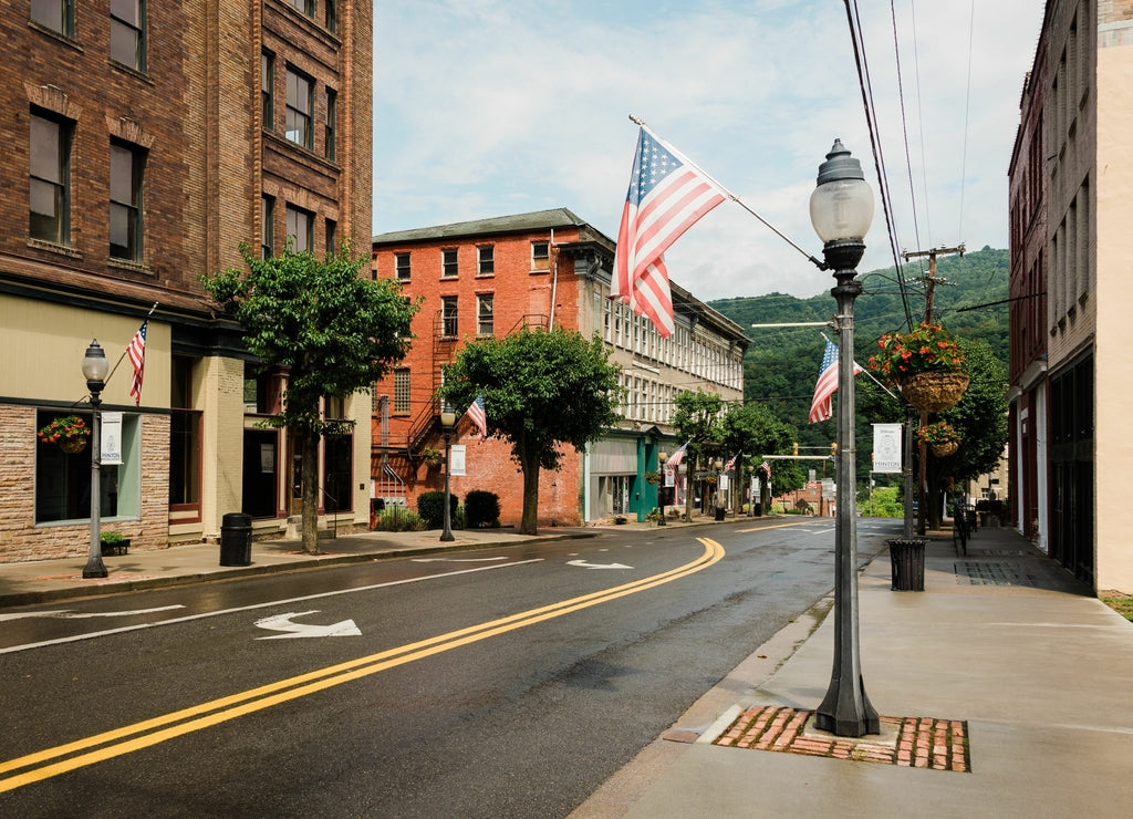 Street and American flags in downtown Hinton, West Virginia