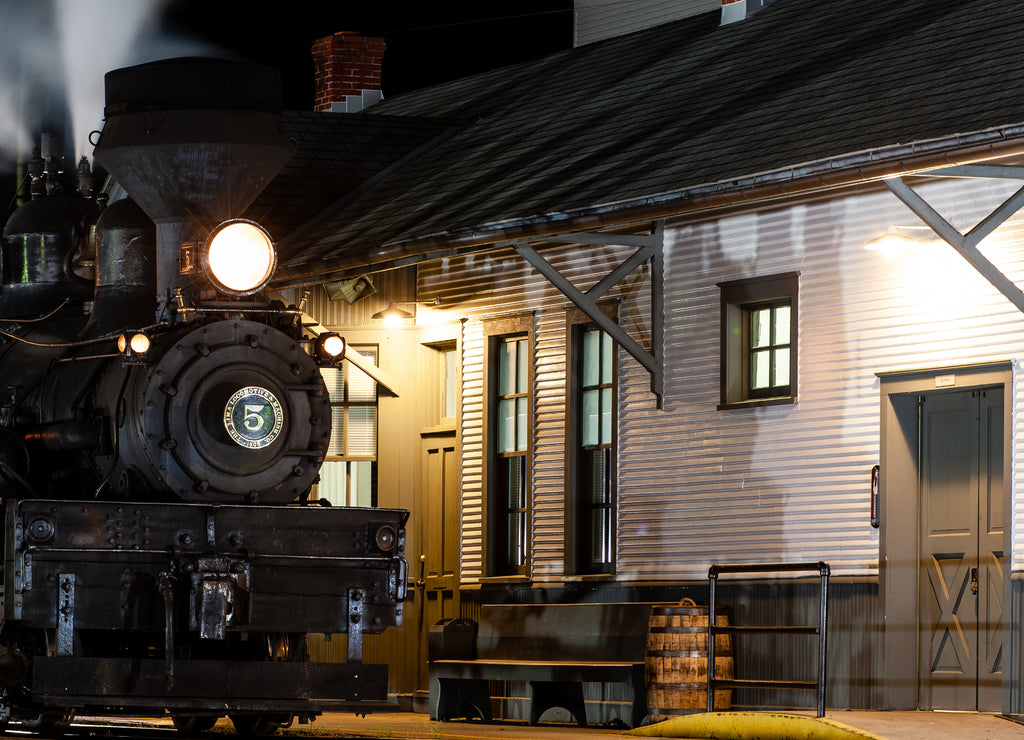 Night View of Antique Steam Shay Locomotive Train at Historic Depot - Cass Scenic Railroad - West Virginia