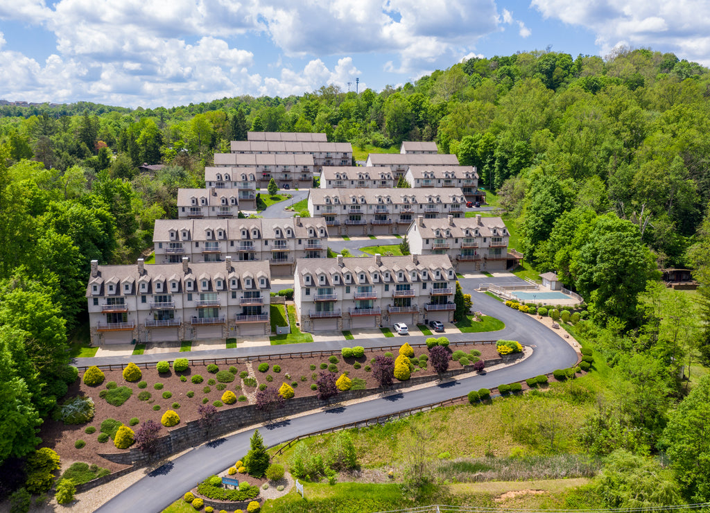 Panorama of a townhome development at Cheat Lake from aerial drone shot near Morgantown, West Virginia