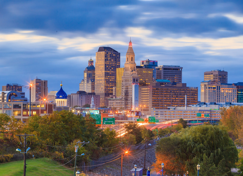 Skyline of downtown Hartford, Connecticut from above Charter Oak