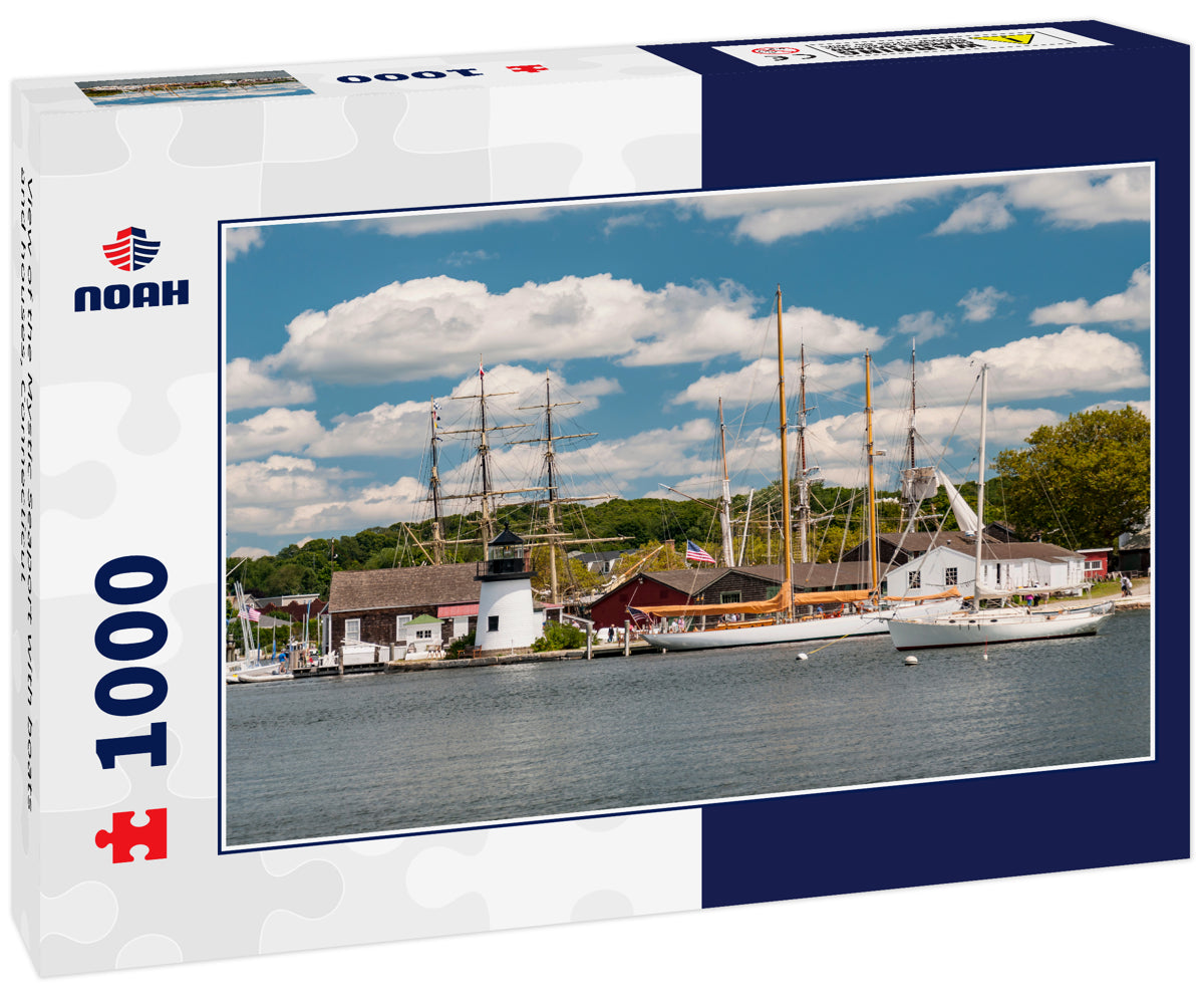 View of the Mystic Seaport with boats and houses, Connecticut