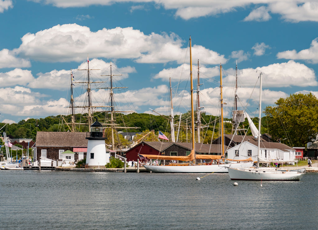 View of the Mystic Seaport with boats and houses, Connecticut