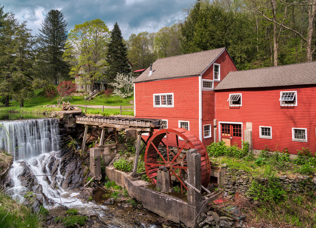 old mill on the river and a waterfall in Bridgewater Connecticut