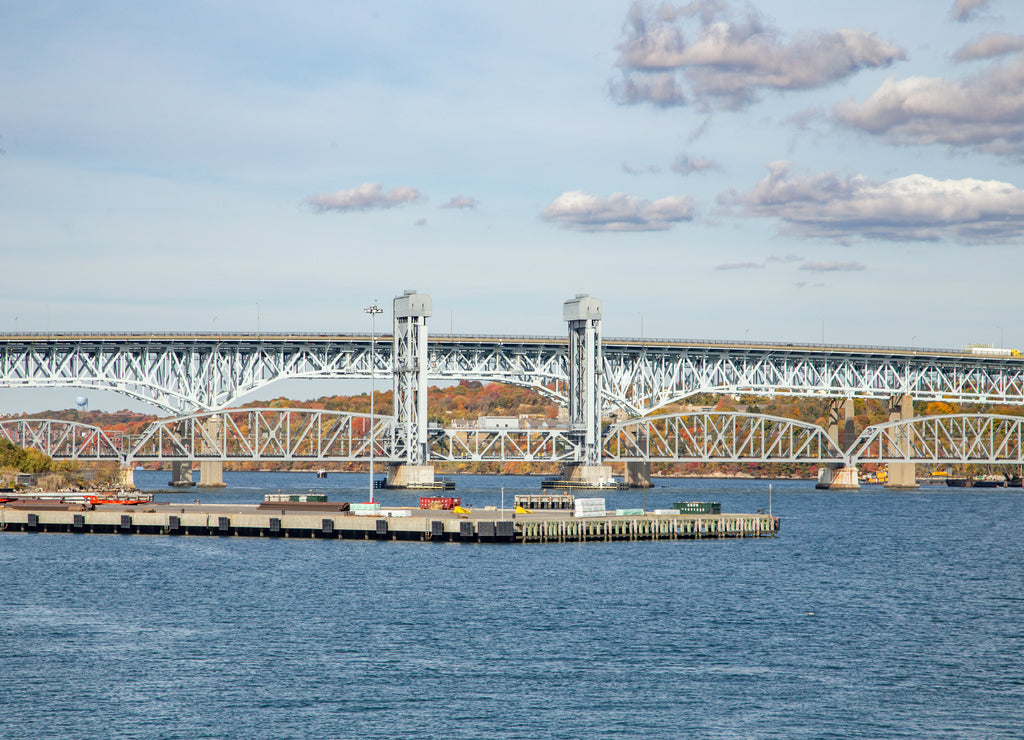 view to skyline of New London with railroad bridge, Connecticut
