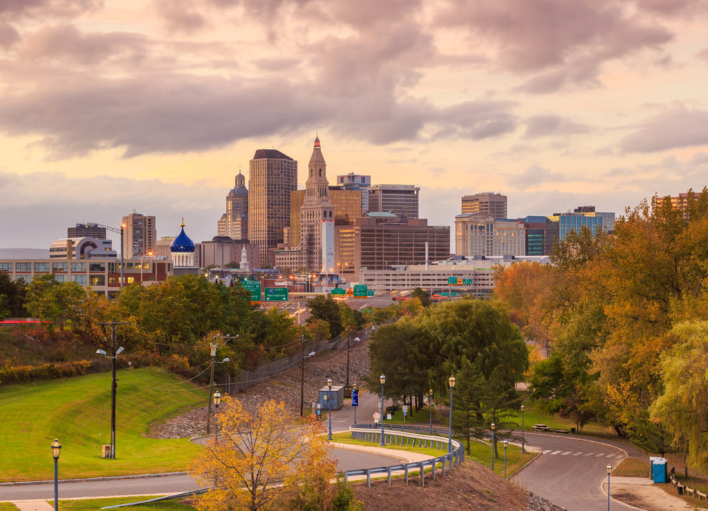 Skyline of downtown Hartford, Connecticut from above Charter Oak