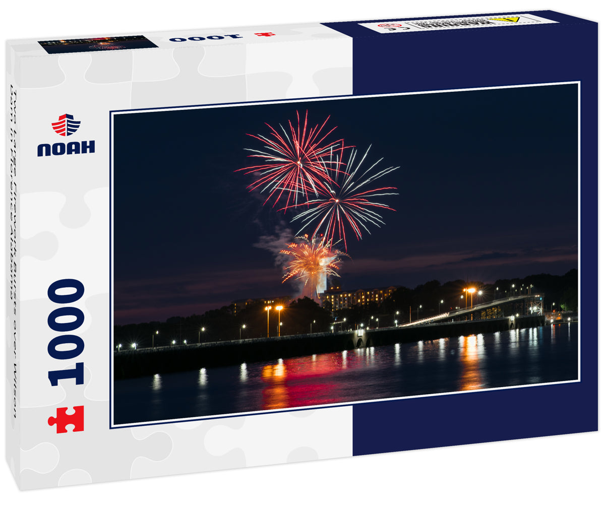 Two Large Firework Bursts over Wilson Dam in Florence Alabama