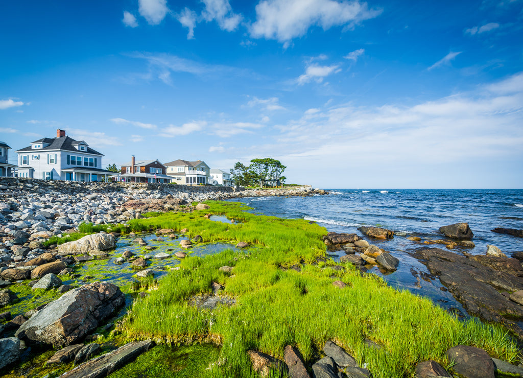 Rocky coast and beachfront homes at Concord Point, in Rye, New Hampshire